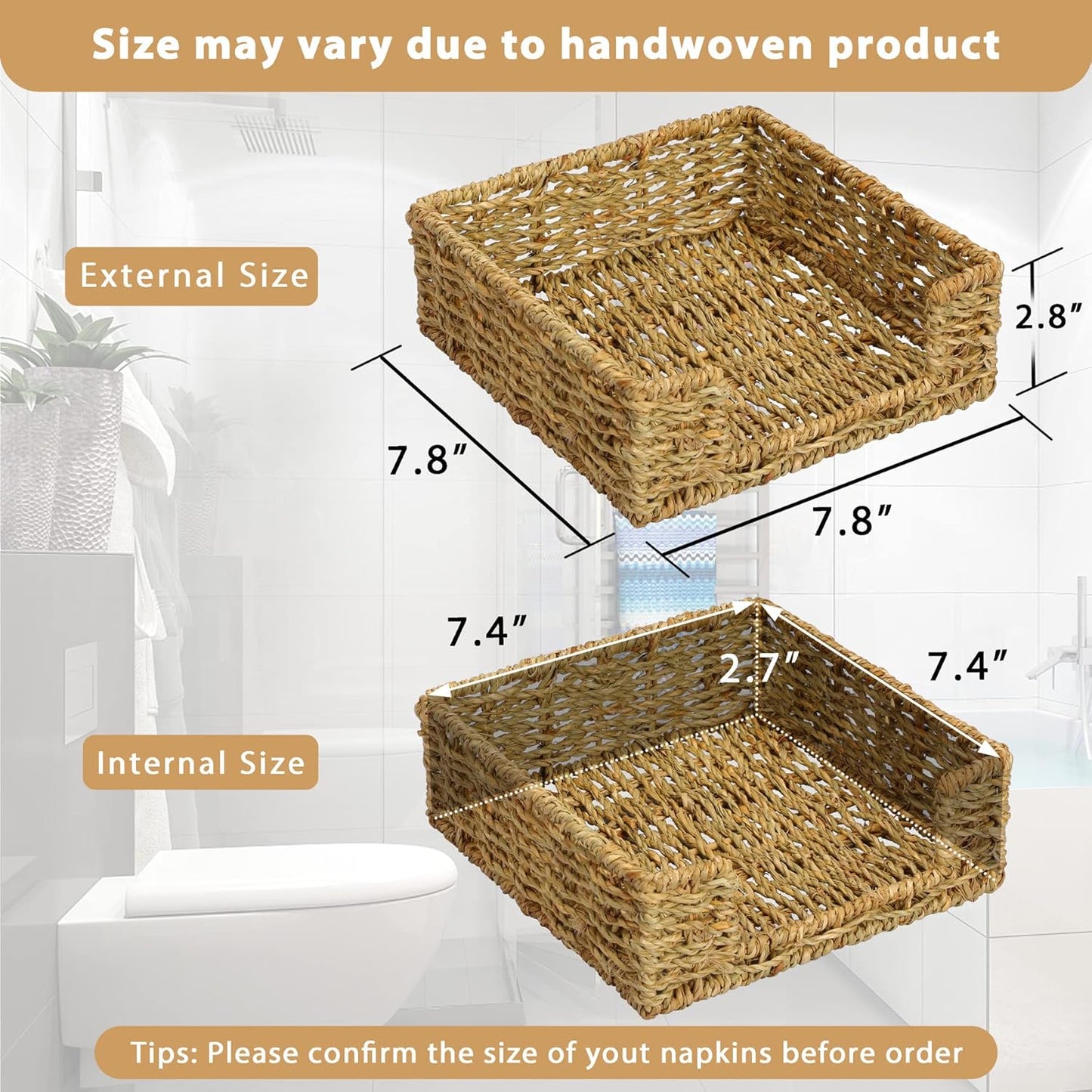 Ratten Napkin Holder for Table, Square Seagrass Serving Tray for Paper Napkins Kitchen Restaurant Dinner Wicker Baskets 7.8" x 7.8" x 2.8"