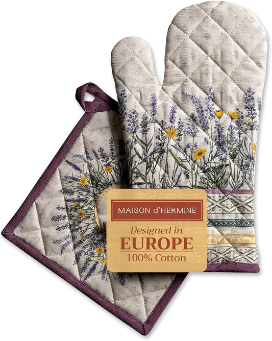 Maison d' Hermine 100% Cotton Oven Mitt & Pot Holder Set (7.5"x13" & 8"x8") Heat Resistant BBQ Cooking Gloves with Loop, Baking, Grilling, Kitchen, Handling Hot Pans Spring/Summer (Fanny Lavender)