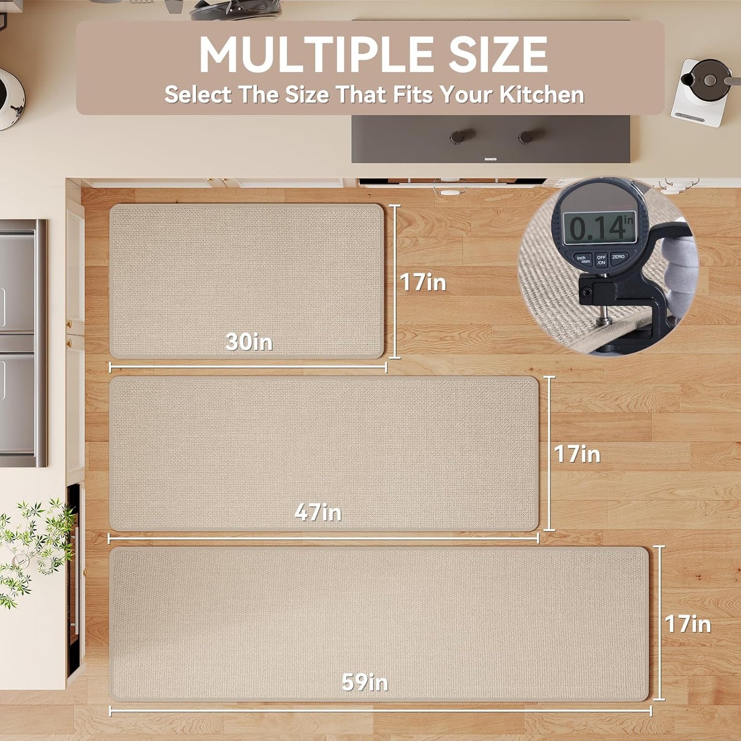 Kitchen mats for Floor Water and Oil Absorbent Runner Rugs for Kitchen, Kitchen Mat in Front of Sink,Non-Slip Kitchen Rugs,Durable Imitation Linen Kitchen Rug Beige 17x30+17x59