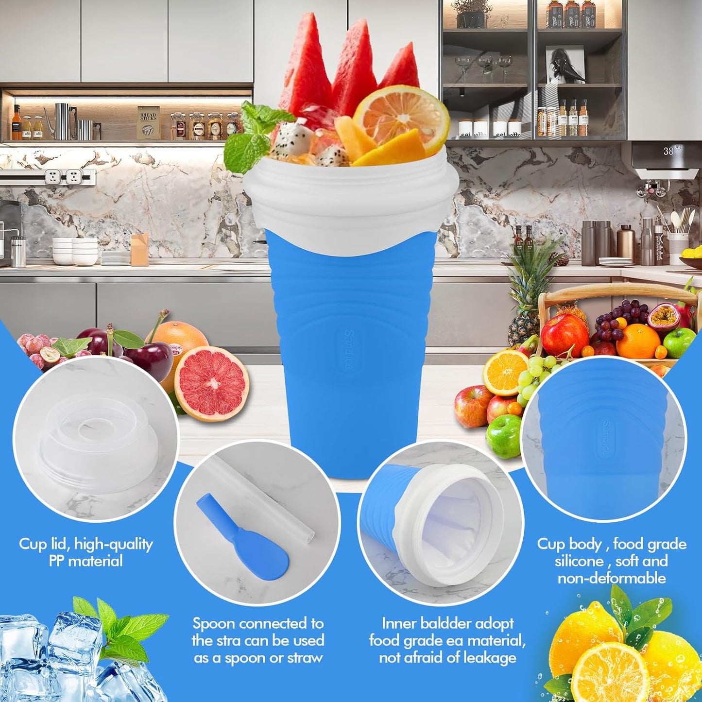 Slushie Maker Cup, 500ML DIY Magic Slushy Maker Squeeze Cups, Portable Smoothie Squeeze Cups for Juices, Milk and Ice Cream Make, Double Layers Silica Cup with Lid & Straw for Friends, Family Gifts