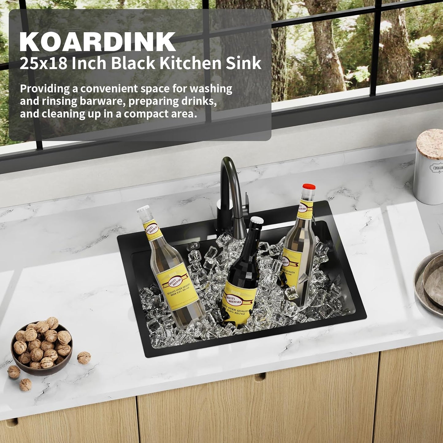 Black 25x18 Inch Kitchen And Bar Sink - Stainless Steel Drop In Single Bowl Topmount Modern Kitchen And Bar Sink With Spoon Rest,Drain Strainer Set Compatibility With Various Kitchen&Bar Style