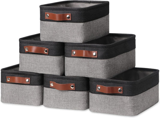 HNZIGE Small Storage Baskets Fabric Bins(6-Pack)Baskets for Shelves, Empty Gift baskets with Leather Handles,Folable Baskets for organizing Clothes, Toys, Books, Gifts(Black&Gray,11.8" x 7.8" x 5.1")