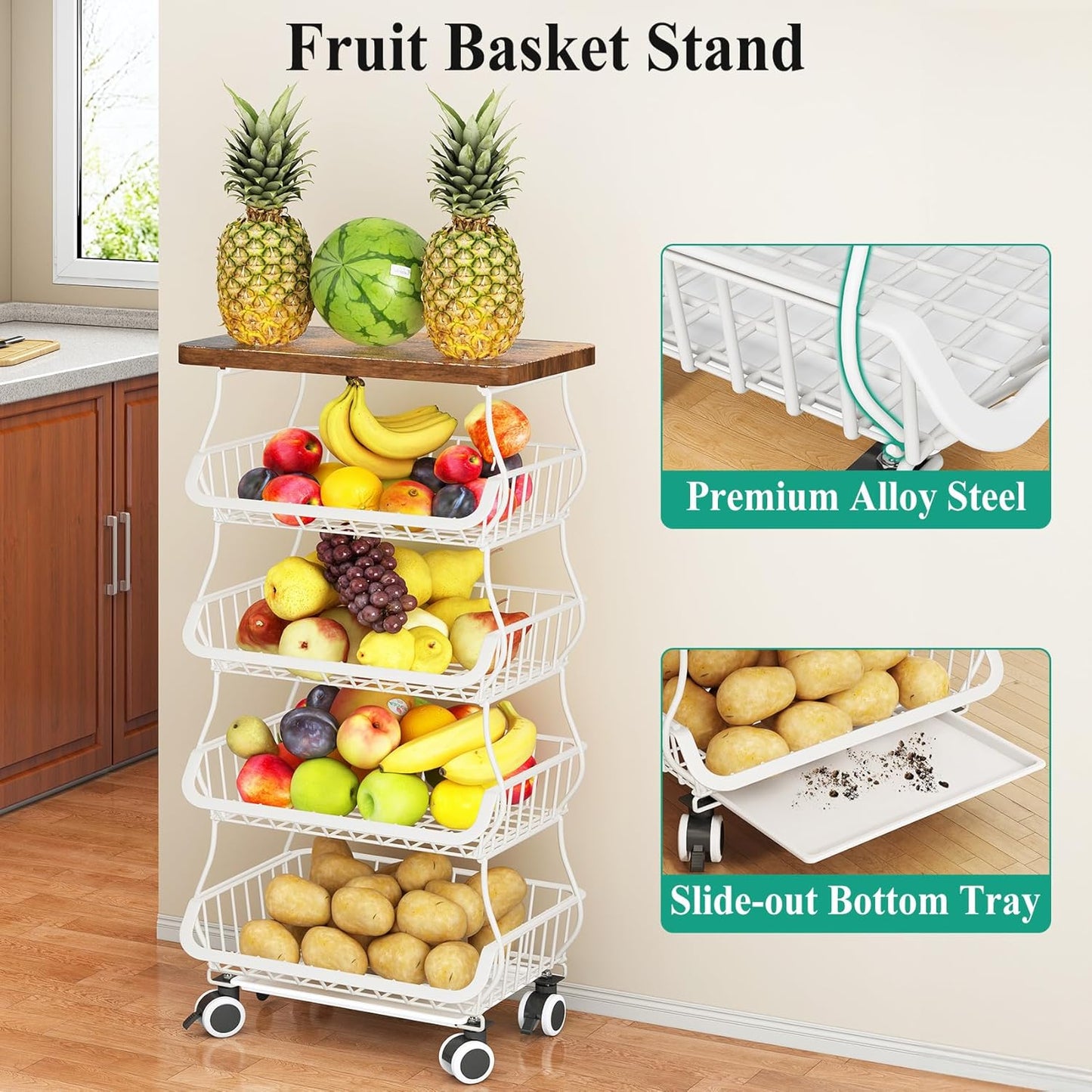 SAYZH Fruit Basket for Kitchen with Wood Top 5 Tier, Stackable Fruit and Vegetable Storage Cart, Wire Storage Basket with Wheels, Vegetable Basket Bins Rack for Onions and Potatoes, White