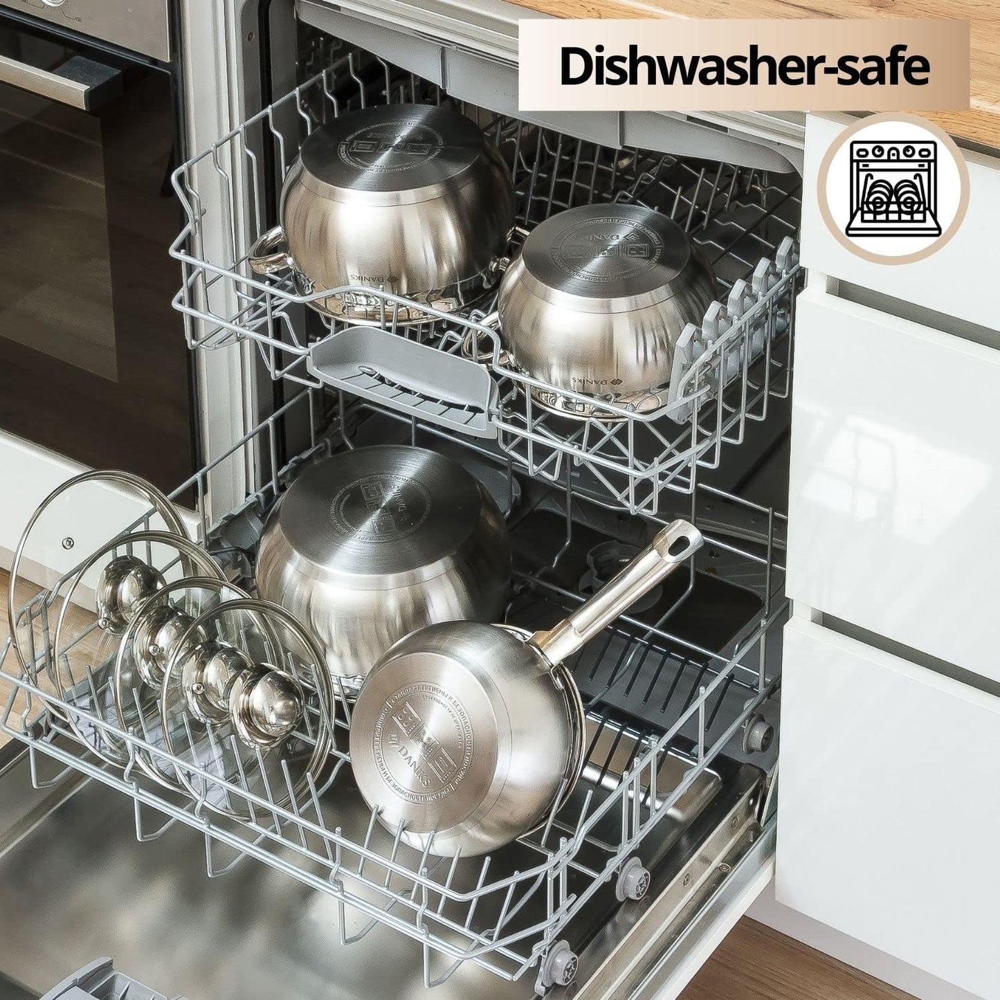 Daniks Classic 6-Piece Stainless Steel Induction Cookware Set – Dishwasher Safe Pots with Lids, Measuring Scale, Silver