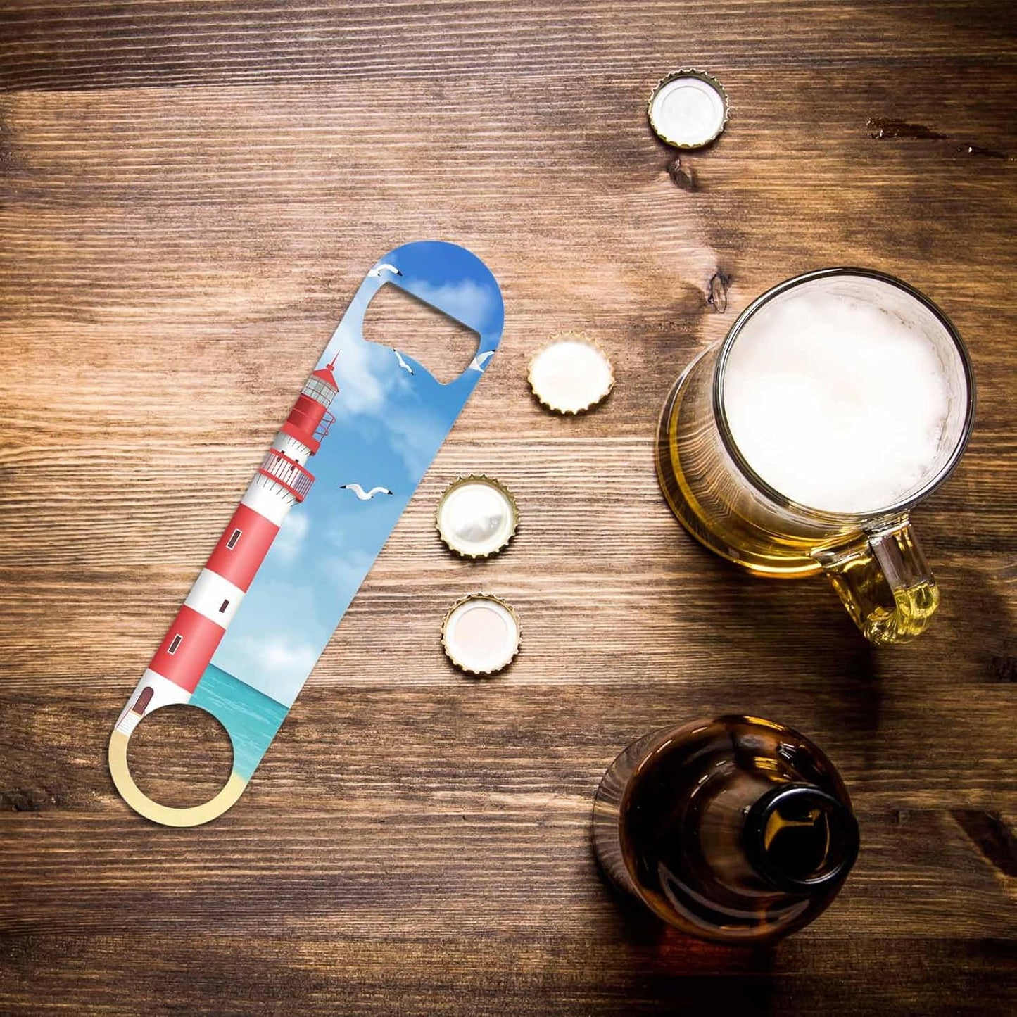 Lighthouse Stainless Steel Bottle Opener Cartoon Beach Seagull Realistic Tower Sky Sea Cloud Beautiful Scenery Flat Beer Bottle Opener Keychain for Home Kitchen Bar Restaurant Party Gift