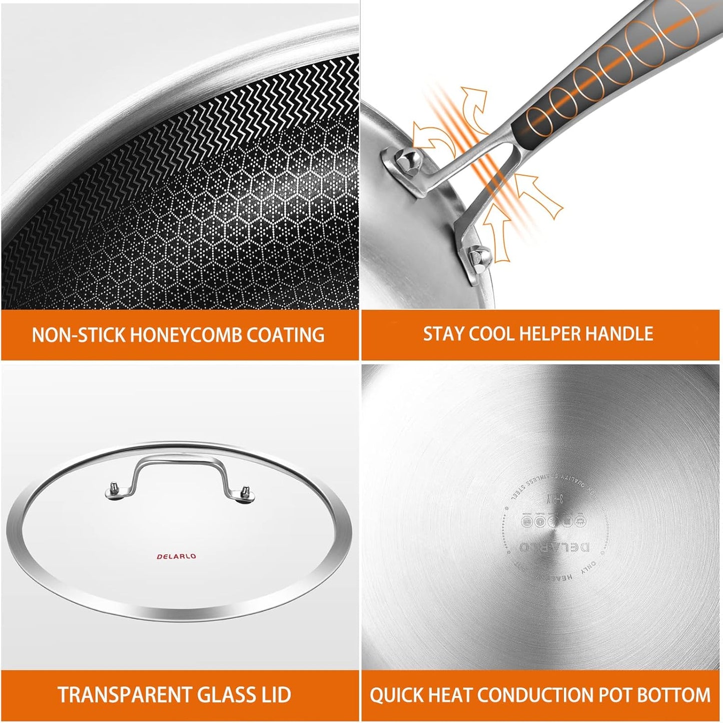 DELARLO Tri-Ply Stainless Steel 8" 10" Frying Pan Set With Lid Nonstick Large skillet, Oven safe induction Chef's Pan,Pots and Pans Set Suitable for All Stove Efficent Fast Even Heating