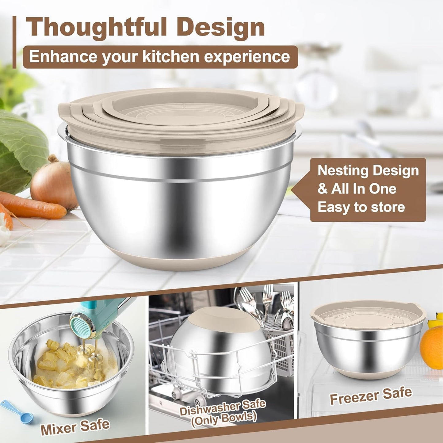 TeamFar Khaki Mixing Bowls, 6-Piece Stainless Steel Nesting Salad Bowls with Lid Set for Prepping Baking, Non-Toxic & Stackable, Air-Tight Lid & Non Slip Bottom, 4.6/2.6/2/1.5/1 / 0.7 QT