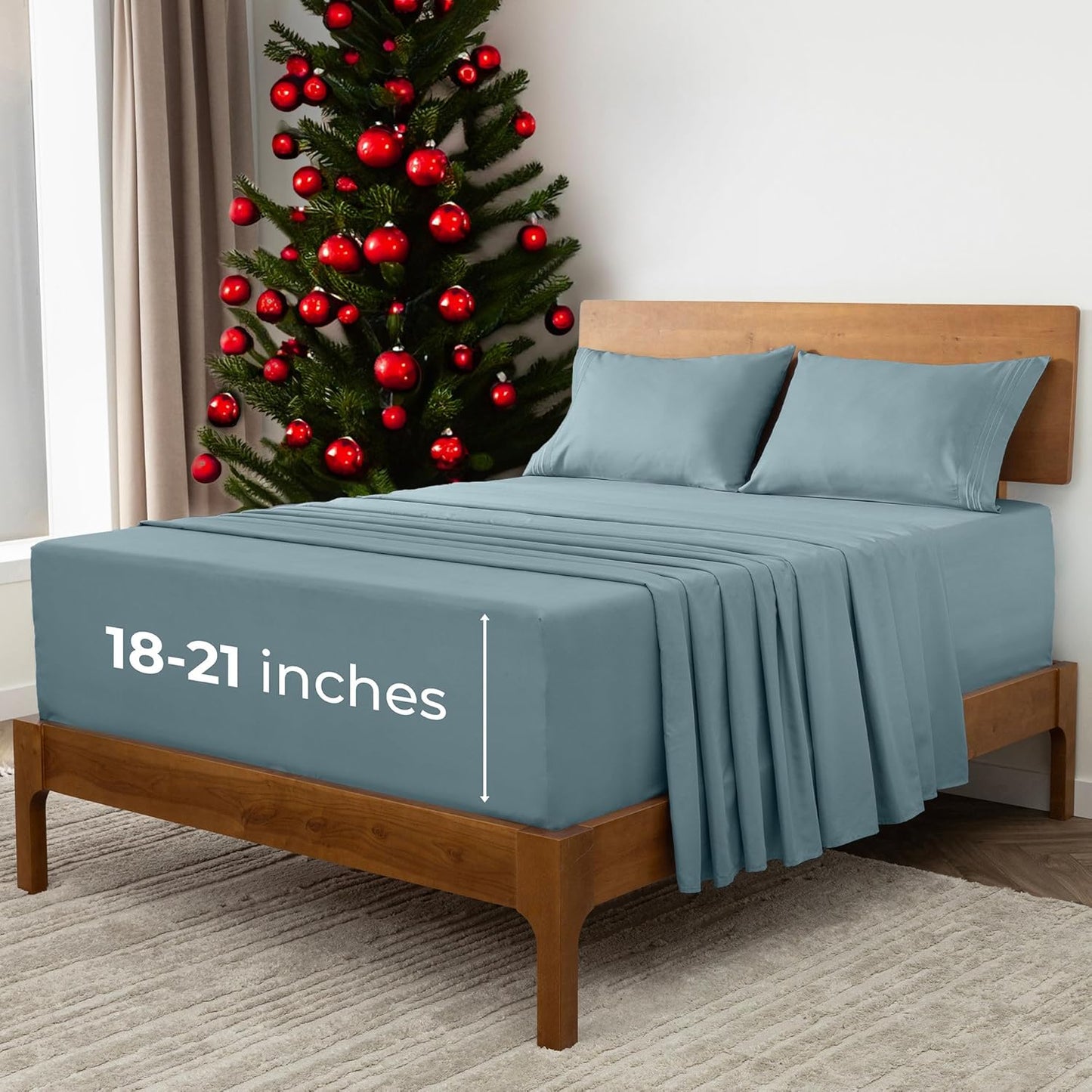 Mellanni Extra Deep Split King Sheets - 5 PC Iconic Collection Bedding - Hotel Luxury, Ultra Soft, Cooling Bed Sheets - Wrinkle, Fade, Stain Resistant (Split King, Spa Blue)