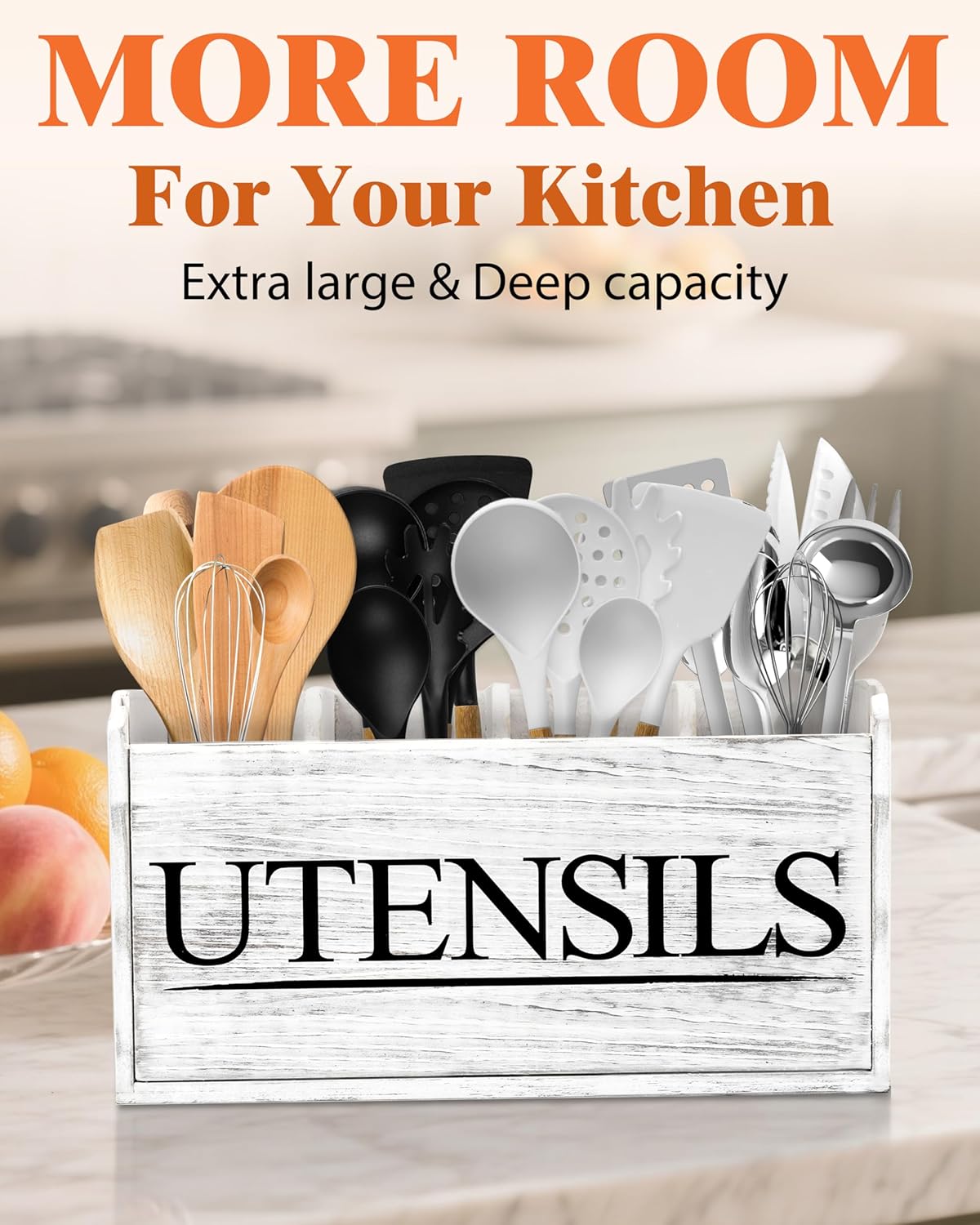 Kitchen Utensil Holder for Kitchen Counter Large Wooden Organizer for Cooking Utensils Utensil Holder Counter Rustic Décor