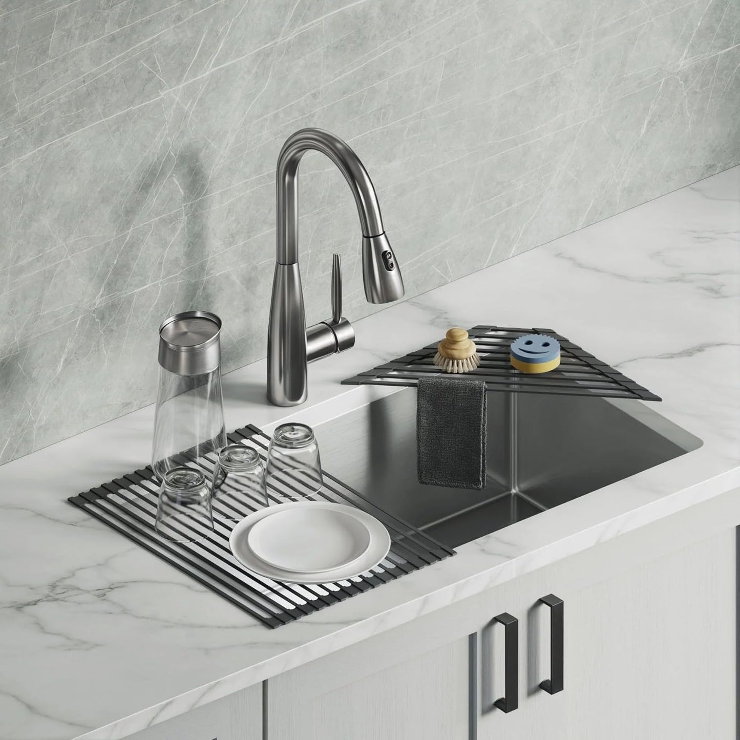 Dowell Over The Sink Roll-Up Dish Drying Rack, Foldable Tube Design, Space Saving Sink Organizer, Sturdy, Easy to Clean, Stylish Look - Triangle+Rectangular - Full Silicone