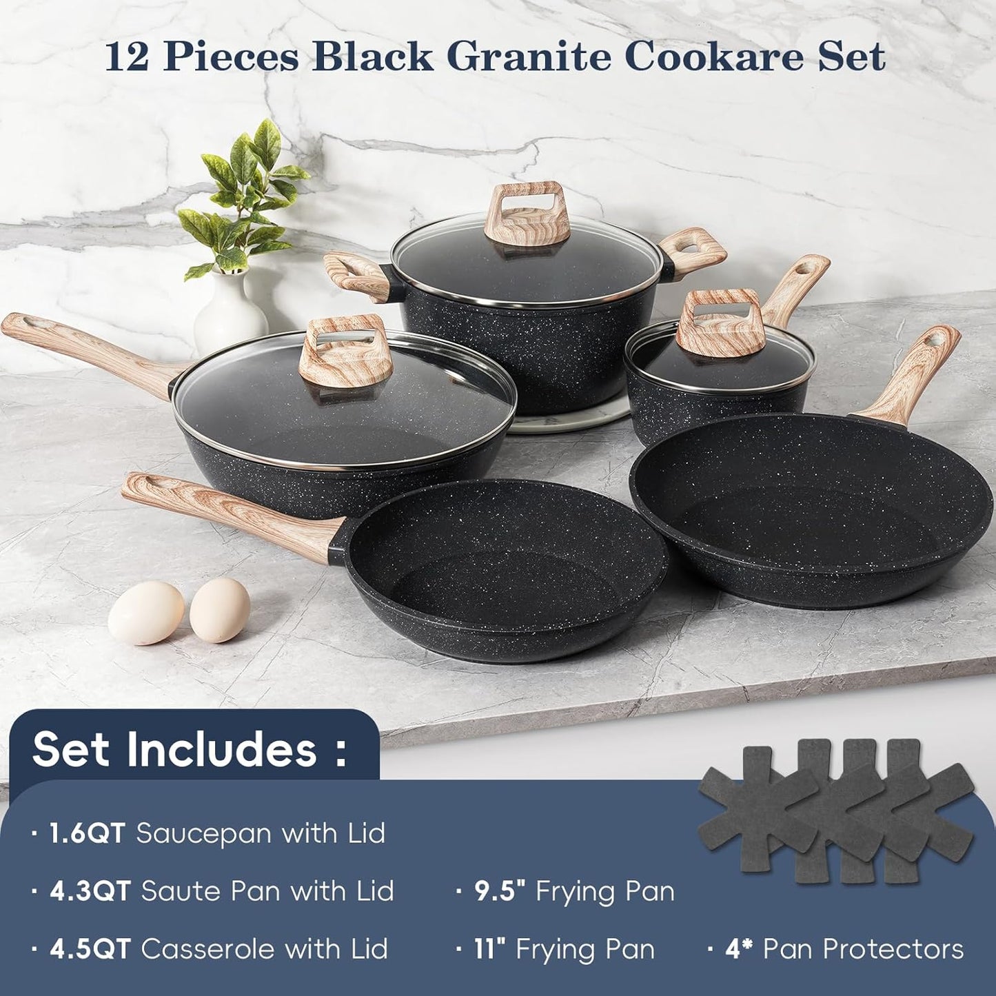 12 Pcs Pots and Pans Set Non stick, Cookware Sets Black Granite Induction Cookware, Non-toxic Healthy Nonstick Kitchen Cooking Set with Frying Pans Set, Saucepans (PFAS/PFOA/PFOS Free)