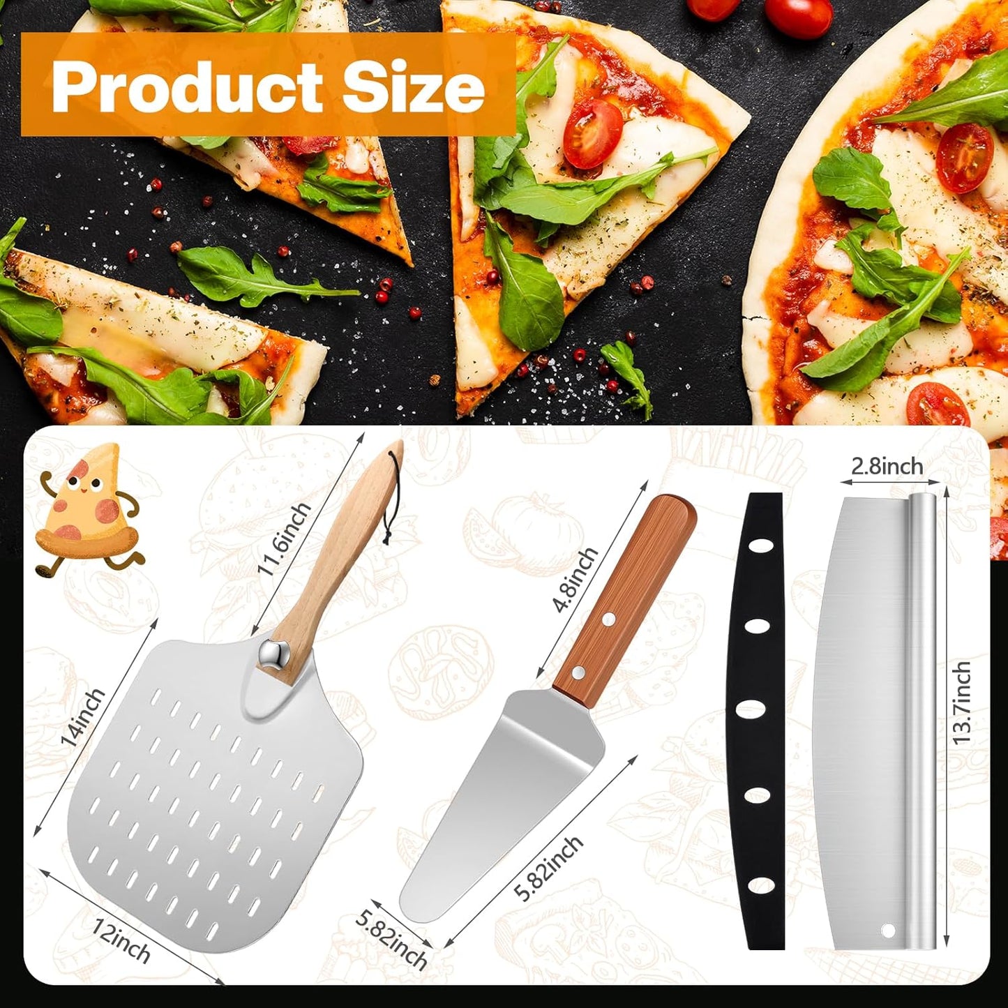 Perforated Pizza Peel 12 x 14 Inch Paddle Spatula with Foldable Handle Pizza Cutter Rocker 14'' Blade and Metal Spatula for Family Oven Accessories and Chopper Knife Tools
