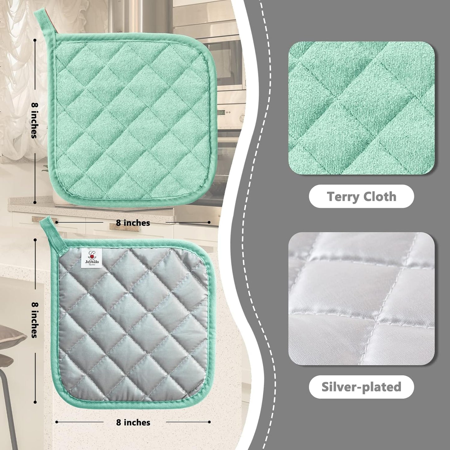 Joyhalo 4 Pack Pot Holders for Kitchen,Cotton Oven Holder with Great Heat Resistance,Non Slip Hot Pads for Kitchen Clearance, Aqua