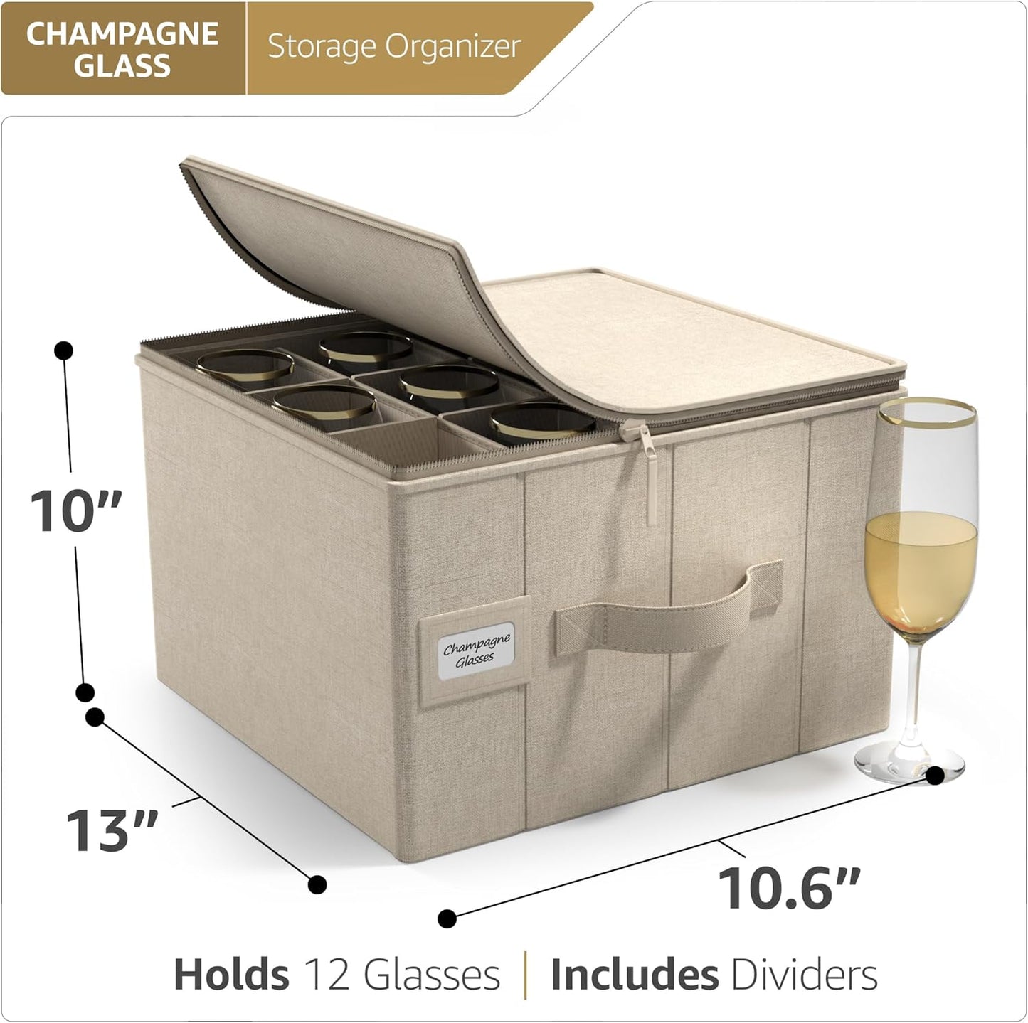 Sorbus China Storage Containers – Dinnerware Organizer for Champagne Flute Glasses with Lid (Holds Service for 12) with Felt Protectors – 13" x 10" x 10.6"