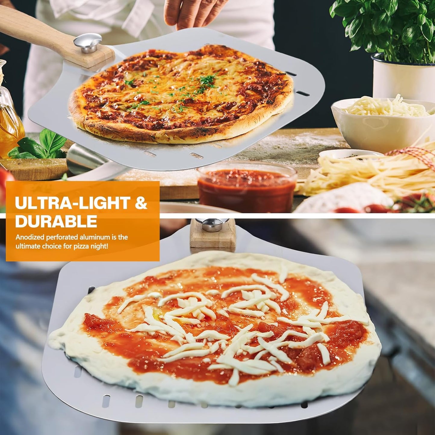 Perforated Pizza Peel 12 x 14 Inch Paddle Spatula with Foldable Handle Pizza Cutter Rocker 14'' Blade and Metal Spatula for Family Oven Accessories and Chopper Knife Tools