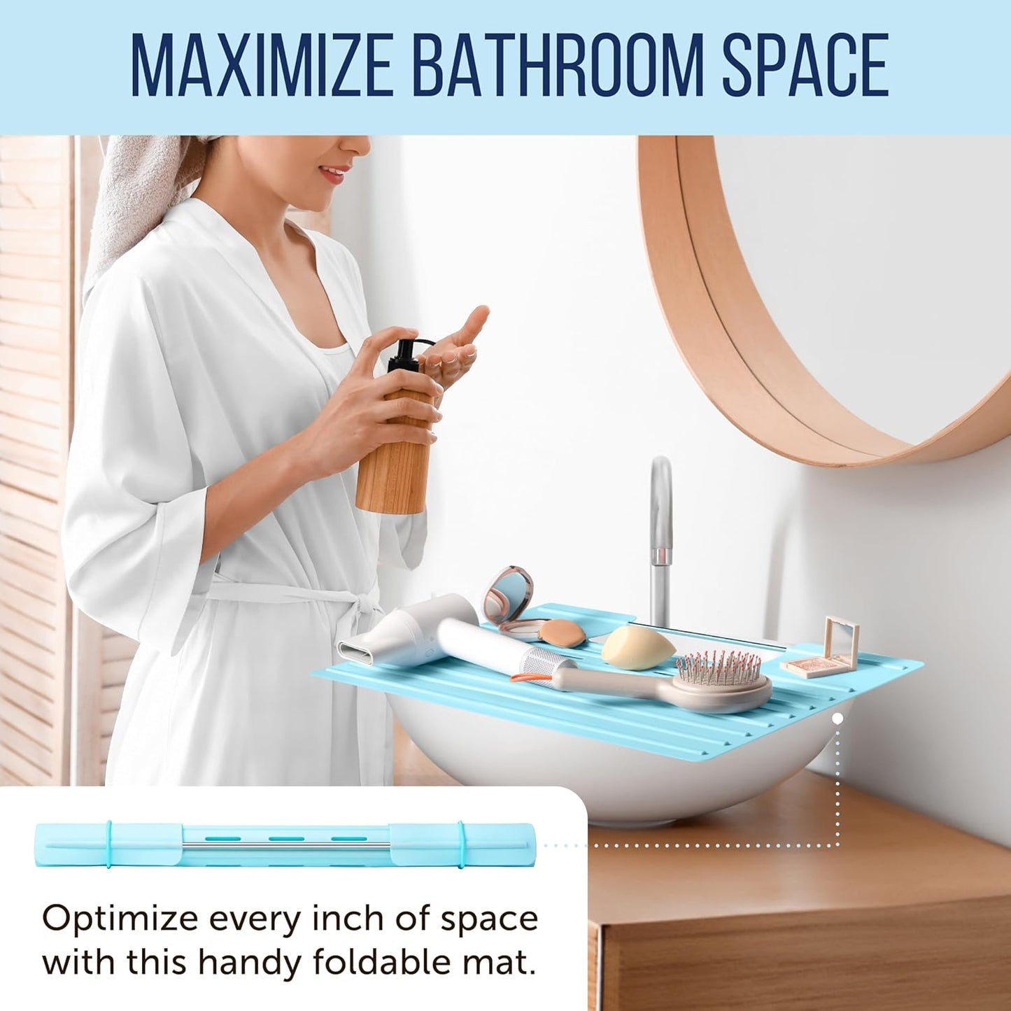 Maplefield Camper RV Sink Cover Silicone Topper - Light Blue, 22 x 2 x 2 in - Heat Resistant to 400°F - Foldable Travel Bathroom Counter Space Saver & Makeup Mat