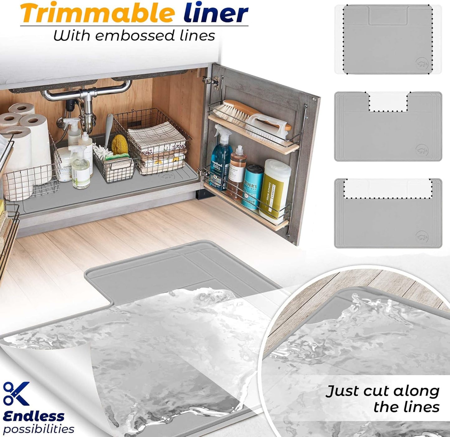 The Original Under Sink Mat - Silicone Waterproof mat, Trimmable, Easy to Clean, Kitchen Cabinet Liner, Undersink Waterproof mat, Disinfection Surface - 34" x 22" or Smaller