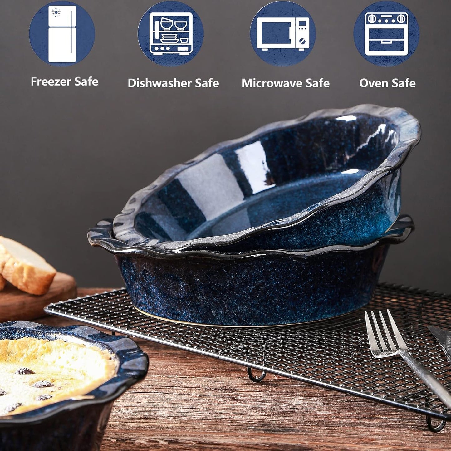 vicrays Ceramic Pie Pan for Baking - 9 inch Pie Plate, Round, Fluted and Deep Pie Dish for Tart, Pizza, Apple Pie, Quiche, Pot Pies, Cake - Reactive Glaze (Starry Blue)