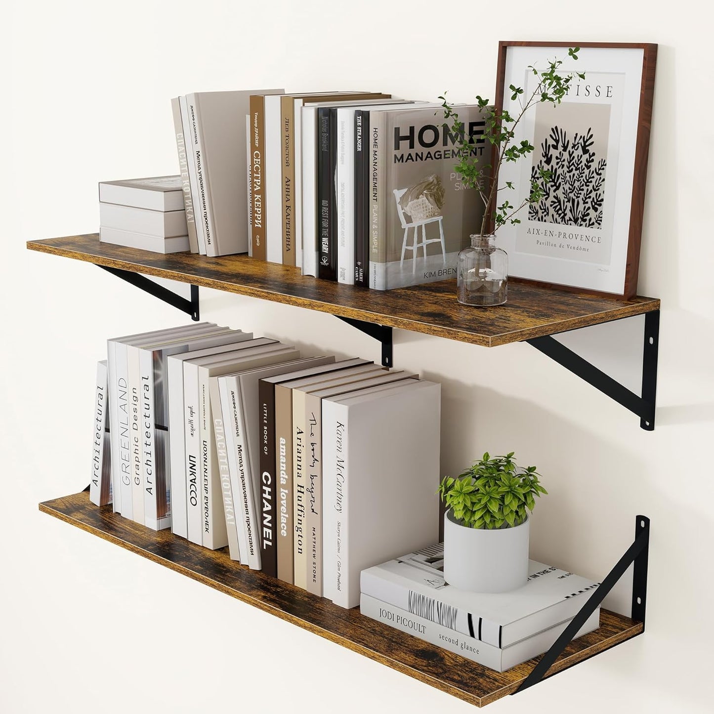 Heimlove Deep Floating Shelves for Wall, 36W x 12D Wood Wall Shelves Set of 2, Wide Floating Bookshelf for Living Room, Kitchen, Office, Bedroom and Decor Storage, with Metal Bracket - Rustic Brown