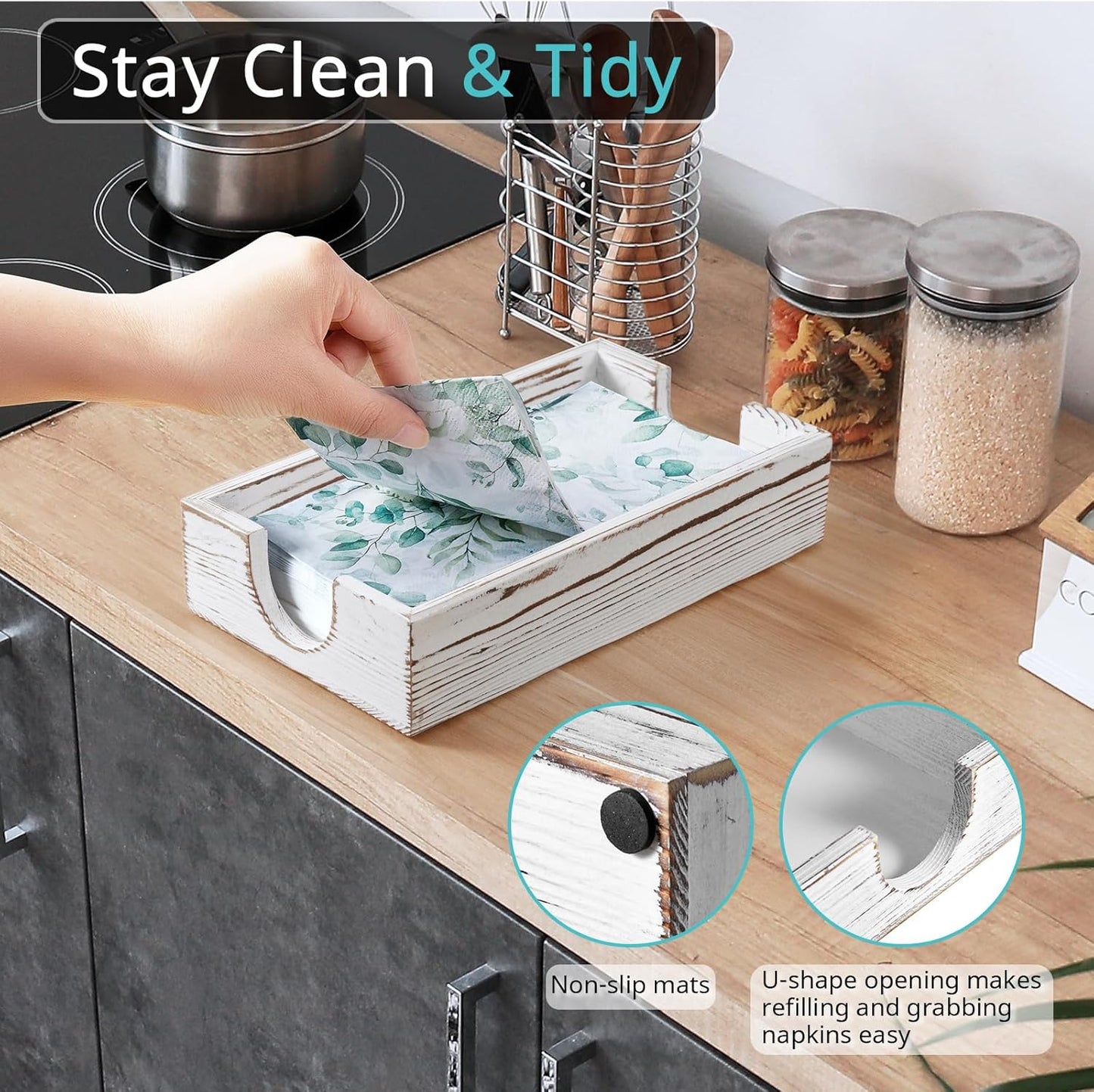 Napkin Holder for Bathroom, White Washed Wood Guest Towel Holder Tray for Bathroom, Disposable Paper Hand Towel Holder for Bathroom Accessories, Dinner Napkin Holder for Kitchen Table Party