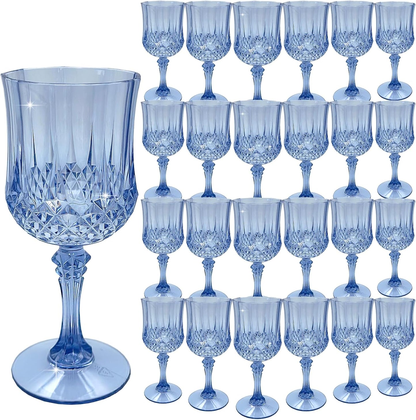 Plastic Wine Glasses，Plastic Goblets Vintage Style Cordial Drinking Glasses for Wedding Reception, Grand Event Party Supplies (24, Blue)