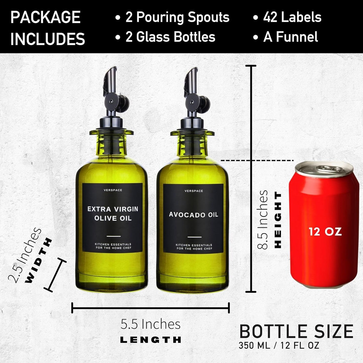 Green Glass Olive Oil Dispenser Bottle For Kitchen By Verpsace,Avocado Oil Dispenser Set, Modern Decor, Gold Kitchen Accessories for Home, Airbnb, Cafe (Black, Set of 2)