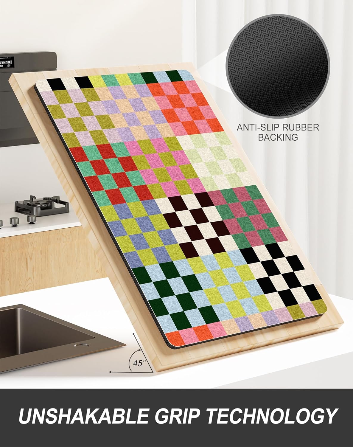 Rnivvi Dish Drying Mat for Kitchen Counter, XL 15 x 24" Cute Checkered Absorbent Draining Pad, Non-Slip Heat Resistant Coffee Bar Mats for Coffee Machine Station Accessories, Colorful Dish Rack Pad