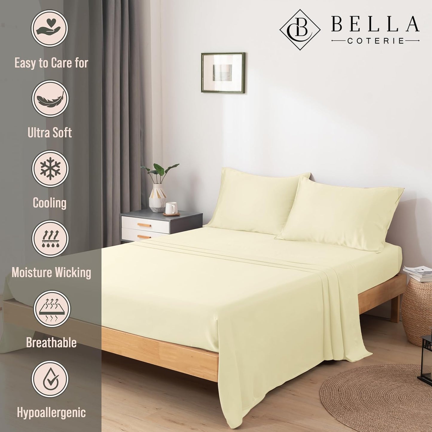 Bella Coterie Luxury Bamboo Viscose Queen Size Sheet Set | 100% Organically Grown | Ultra Soft | Cooling for Hot Sleepers | 18" Deep Pocket [Lemonade]