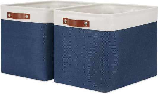 HNIZGE Large Rectangle Basket Fabric Baskets for Organizing [2 Pack] Tall Storage Basket Navy Blue Baskets 16" x 11.8" x 11.8" Shelf Baskets for Storage Linen Closet Organizers (Blue&White)