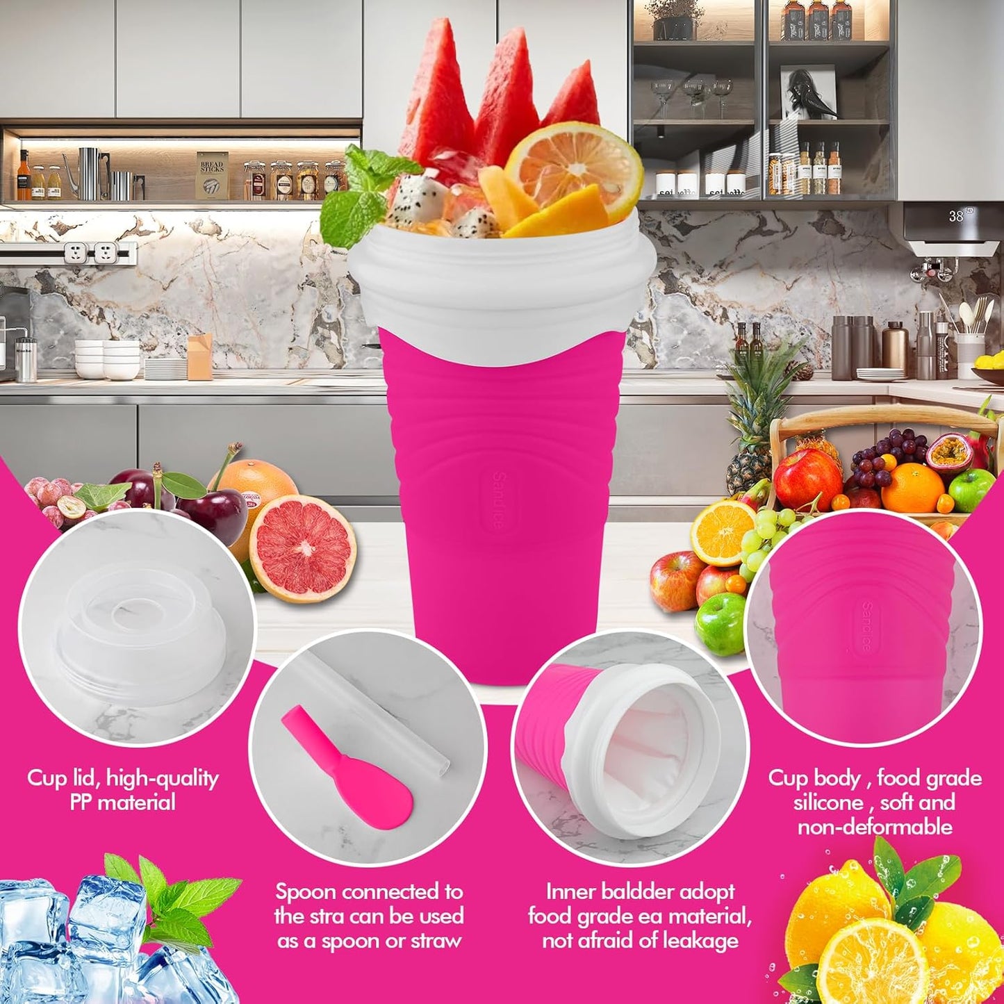 500ML Slushie Maker Cup, DIY Magic Slushy Maker Squeeze Cups, Portable Smoothie Squeeze Cups for Juices, Milk and Ice Cream Make, Double Layers Silica Cup with Lid & Straw for Friends, Family Gifts