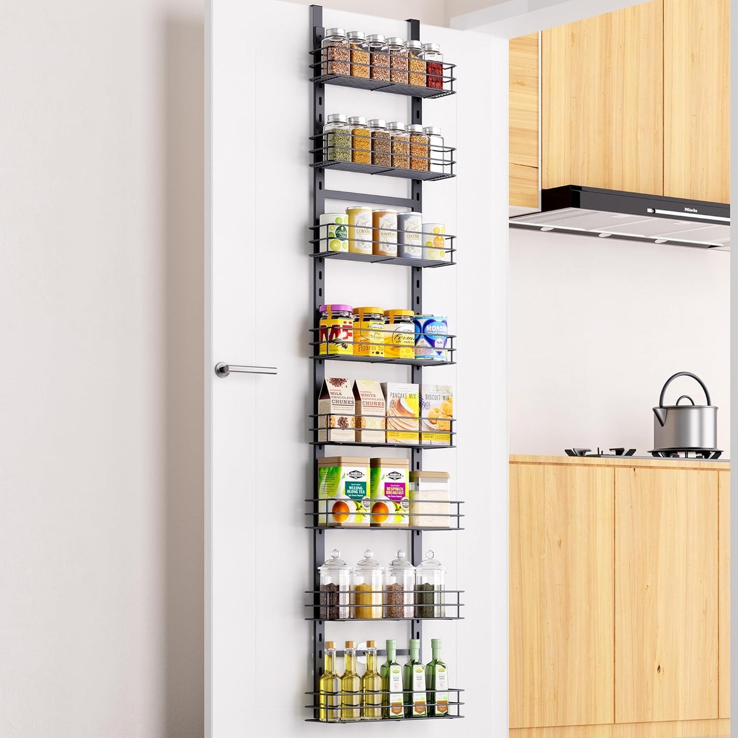 Pantry Door Organizer 12 Inch Wide, 8 Tier Hanging Adjustable Over the Door Spice Rack For Narrow Space,Matt Black