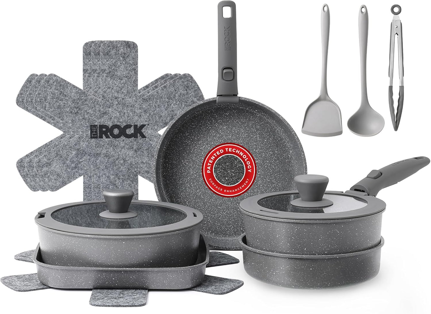 THE ROCK SMART SPACE Ceramic 16pc Nonstick Pots and Pans Set with ROCK.TEC, Cookware Set with Detachable Handles, Scratch/Stain/Crack Proof, Oven & Dishwasher Safe, PFAS & PFOA Free, Grey