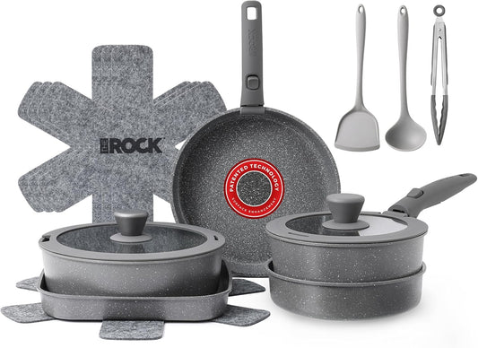 THE ROCK SMART SPACE Ceramic 16pc Nonstick Pots and Pans Set with ROCK.TEC, Cookware Set with Detachable Handles, Scratch/Stain/Crack Proof, Oven & Dishwasher Safe, PFAS & PFOA Free, Grey