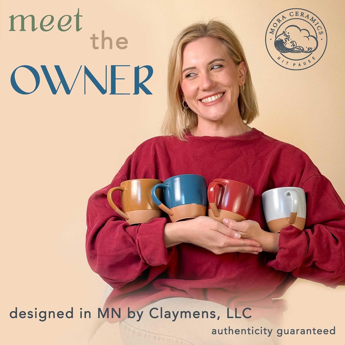 Mora Ceramic Artisan Matte Large Latte Mug Set of 4, 16oz - Microwavable, Porcelain Coffee Cups With Big Handle - Modern, Boho, Unique Style For Any Kitchen. Microwave Safe Stoneware - Marina Colors