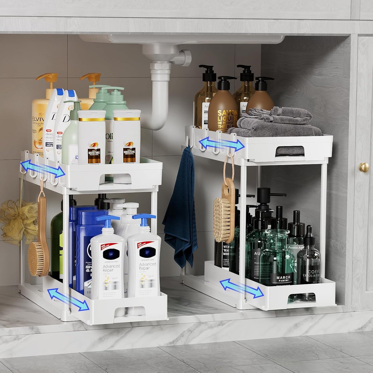 Delamu Under Sink Organizers and Storage, 2 Pack Pull Out Kitchen Bathroom Cabinet Organizer, 2 Tier White Under Sink Storage for Bathroom Kitchen, Under Counter Storage Organizer with 8 Hooks