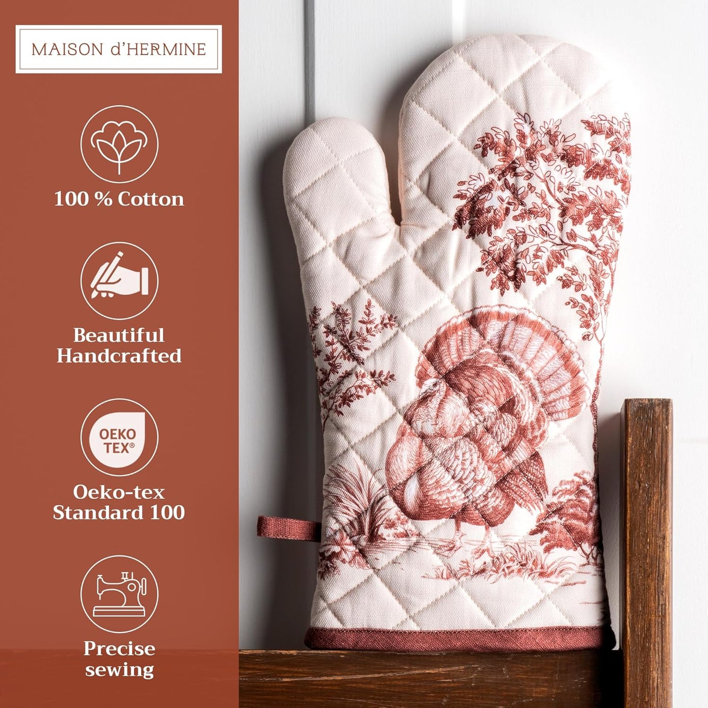 Maison d' Hermine Oven Gloves 100% Cotton Oven Mitt 7" x 13" with Loop Heat Resistant, BBQ, Cooking Gloves, Baking, Grilling, Kitchen, Handling Hot Pans (Pack of 1, Holy Jouy - Brown)