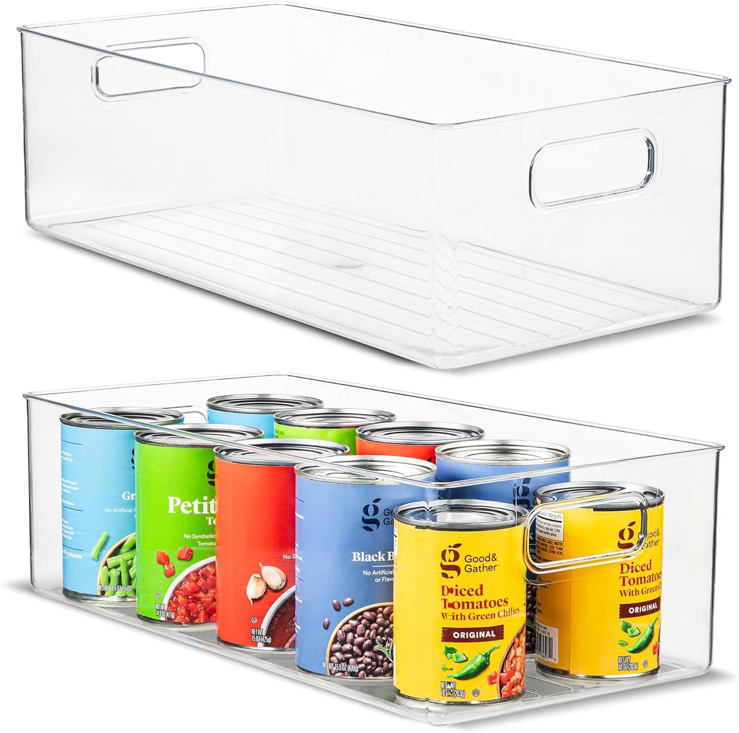 Plastic Food Storage 2 Pack Clear Container Bin with Handles for Organizing Kitchen, Pantry, Refrigerator, Freezer, Pantry, Cabinet, Closet, Bathroom. 14”x8”x5”