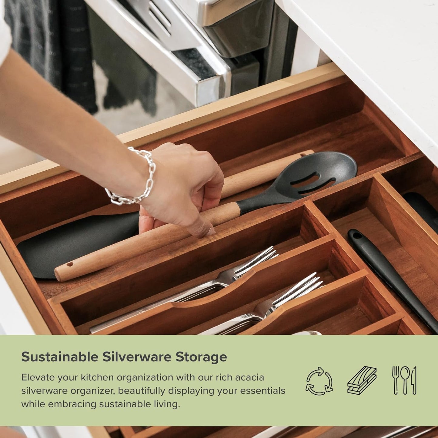 Premium Silverware, Flatware and Utensil Organizer for Kitchen Drawers, Food-Safe Contract Grade, Expandable from 10.5 to 19 In, Natural Acacia