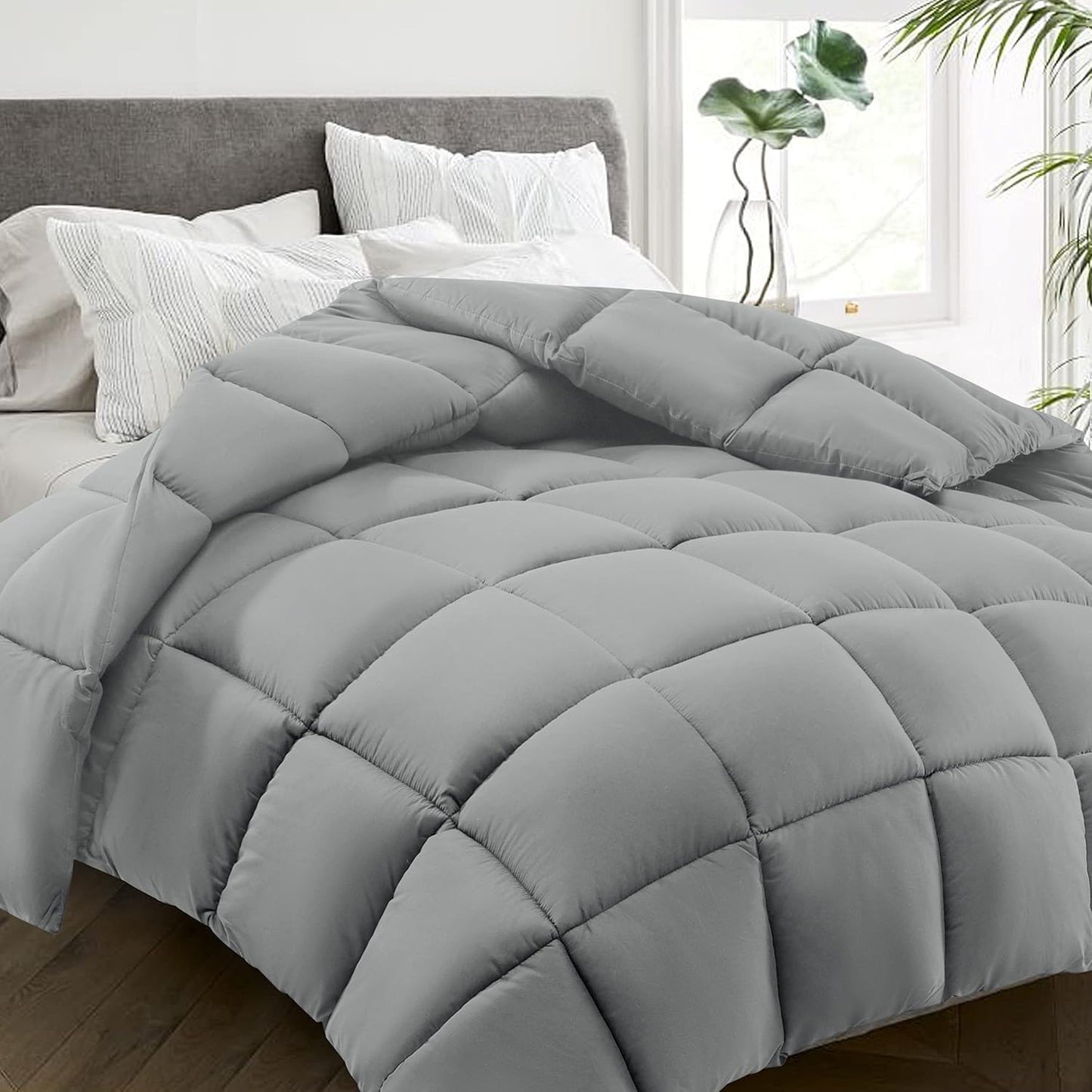 HYLEORY All Season Full Size Bed Comforter - Cooling Down Alternative Quilted Duvet Insert with Corner Tabs - Winter Warm - Machine Washable - Light Grey