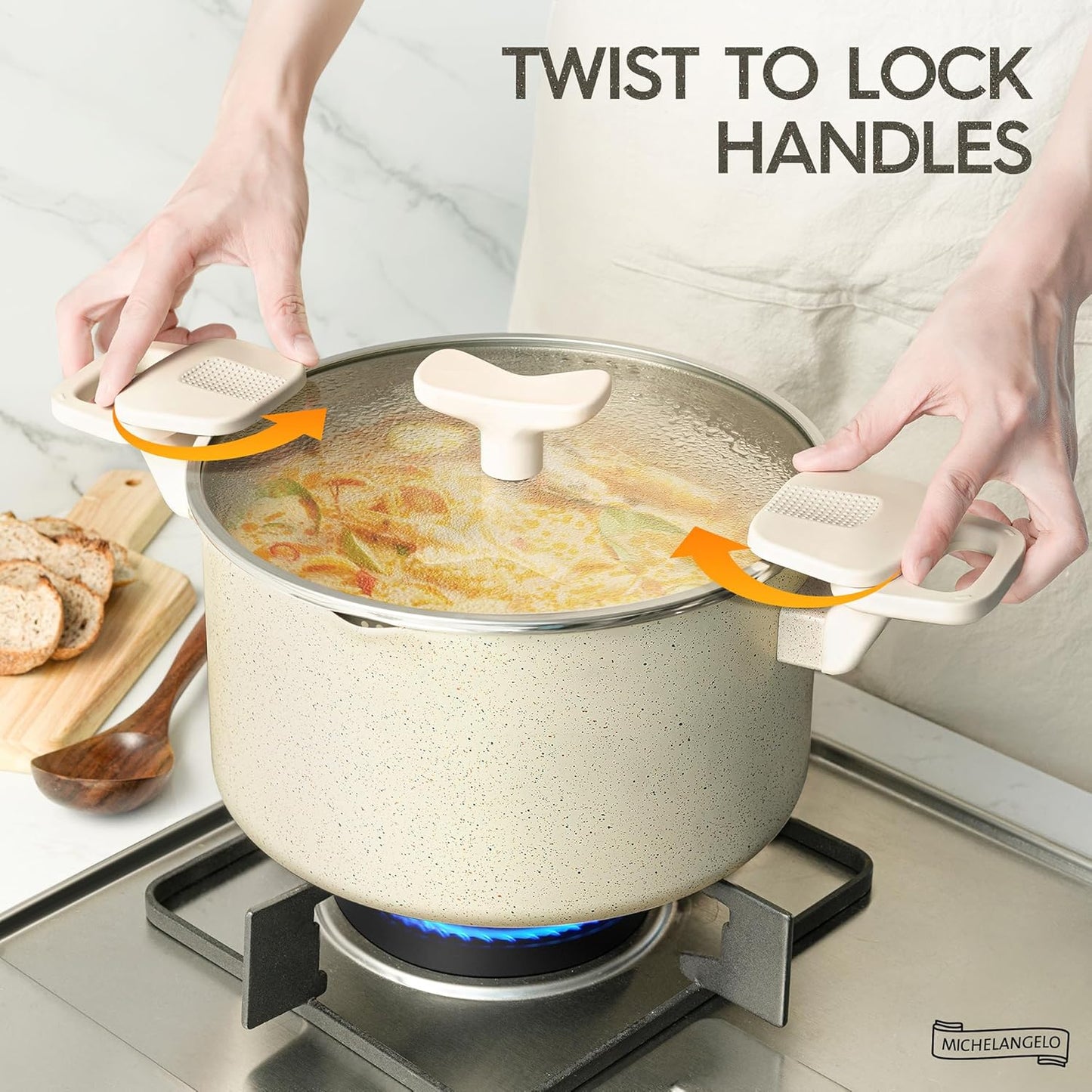 MICHELANGELO Pasta Pot with Strainer Lid - 6 Quart Multipurpose Pot with Twist and Lock Handles, Nonstick Soup Pot with Granite Coating, Induction Compatible, White