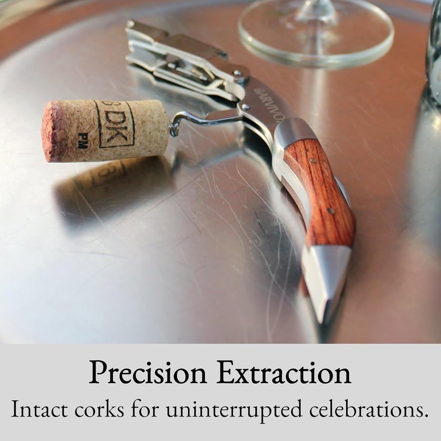 Barvivo Wine Bottle Opener with Double Hinged Corkscrew - 4.5-Inch Manual Wine Key with Foil Cutter and Cap Remover - Stainless Steel Bar Key Tool for Bartenders and Servers - Natural Rosewood Handle