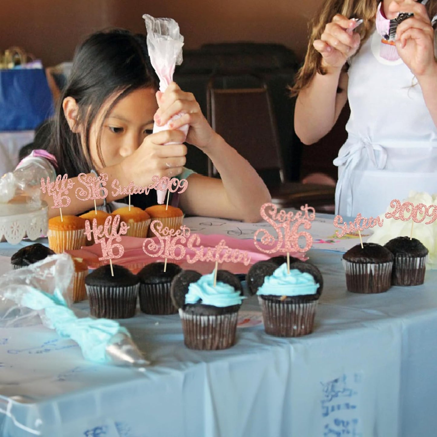 Gyufise 24pcs 16th Birthday Cupcake Toppers - Rose Gold Glitter Hello Sweet 16 Cupcake Picks - 2009 16th Birthday Cake Decorations for Anniversary Party Supplies