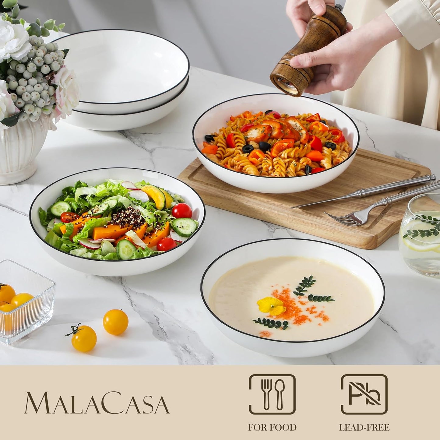 MALACASA 8.85" Large Pasta Bowls, 42 OZ White Salad Bowls Soup Bowls, Porcelain Serving Bowls Set of 6, Ivory White with Black Rim, Microwave & Dishwasher Safe, Series REGULAR