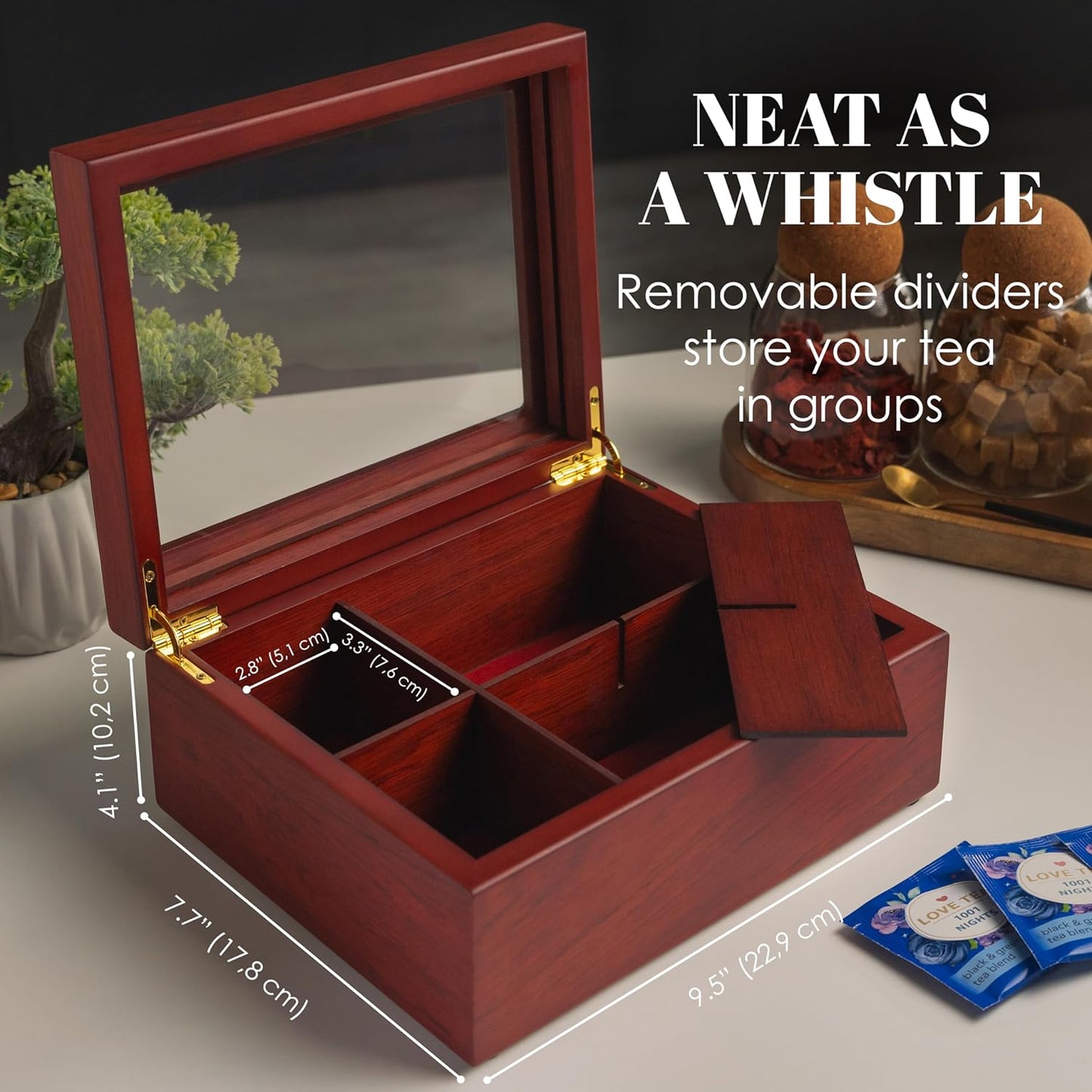 Tea Box - Luxury Wooden Tea Bag Organizer from The Apace Premier Collection - 6 Compartment Tea Storage Chest Container - Elegantly Handmade w/Scratch Resistant Window