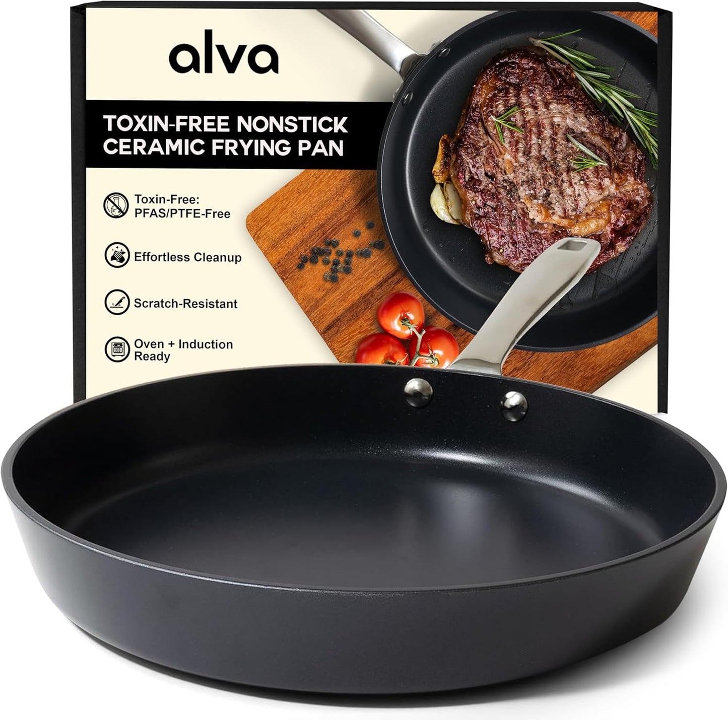 Alva Maestro 9.5" Ceramic Nonstick Frying Pan – PFAS-Free, Lead & Cadmium-Free – Quick, Even Heating for Eggs, Pancakes & Searing – Lightweight, Induction & Oven Safe, Easy to Clean