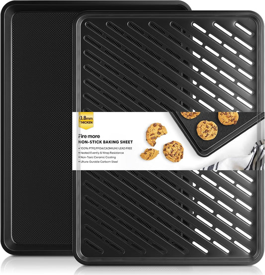Cookie Sheet for Baking with Wire Rack, Thicker Carbon Steel Half Baking Sheet Pan Set Non Stick, Cooling Rack for Cooking and Baking, 17.5 x 13 Inch Ceramic Cookie Tray
