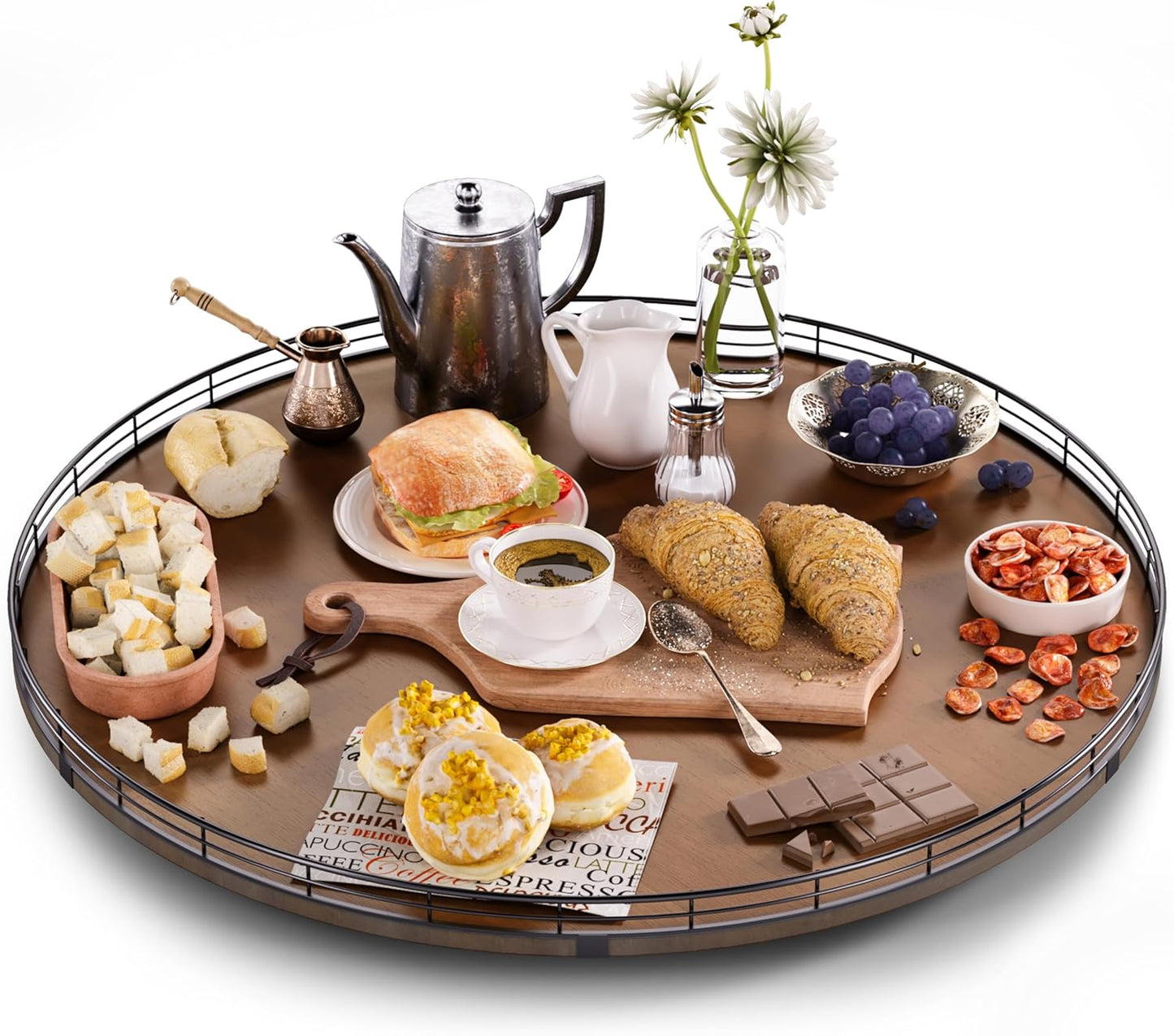 Farmhouse Oak 24" Lazy Susan Turntable Organizer for Cabinet, Round Wooden Lazy Susan Organization and Storage for Dining Table, Pantry, Kitchen, Countertop, Cupboard,Home Decor, Walnut