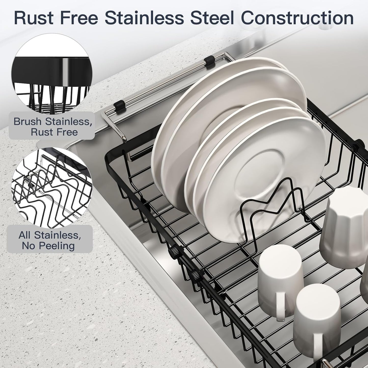 Small Expandable Over The Sink Dish Drainer Drying Rack In Stainless Steel Metal For Kitchen, Counter Space Saving Black Compact Above Plate Dryer Strainer, Adjustable Hanging Inside Sink Drain Holder