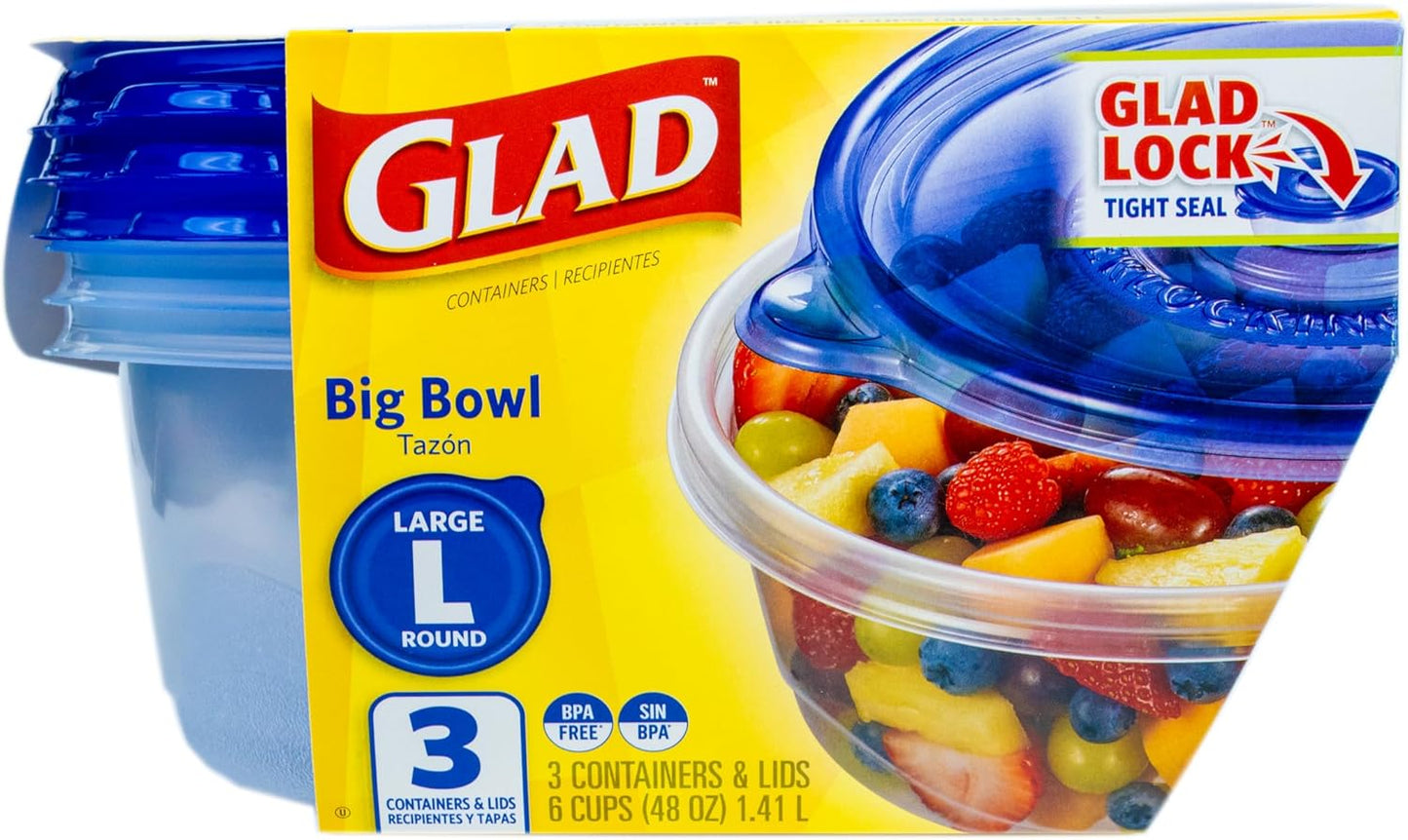 Glad GladWare Big Bowl Food Storage Containers, Large Round Bowl Holds 48 Ounces of Food Food Storage Containers for Everyday Use to Preserve Freshness, 3 Count - 6 Pack