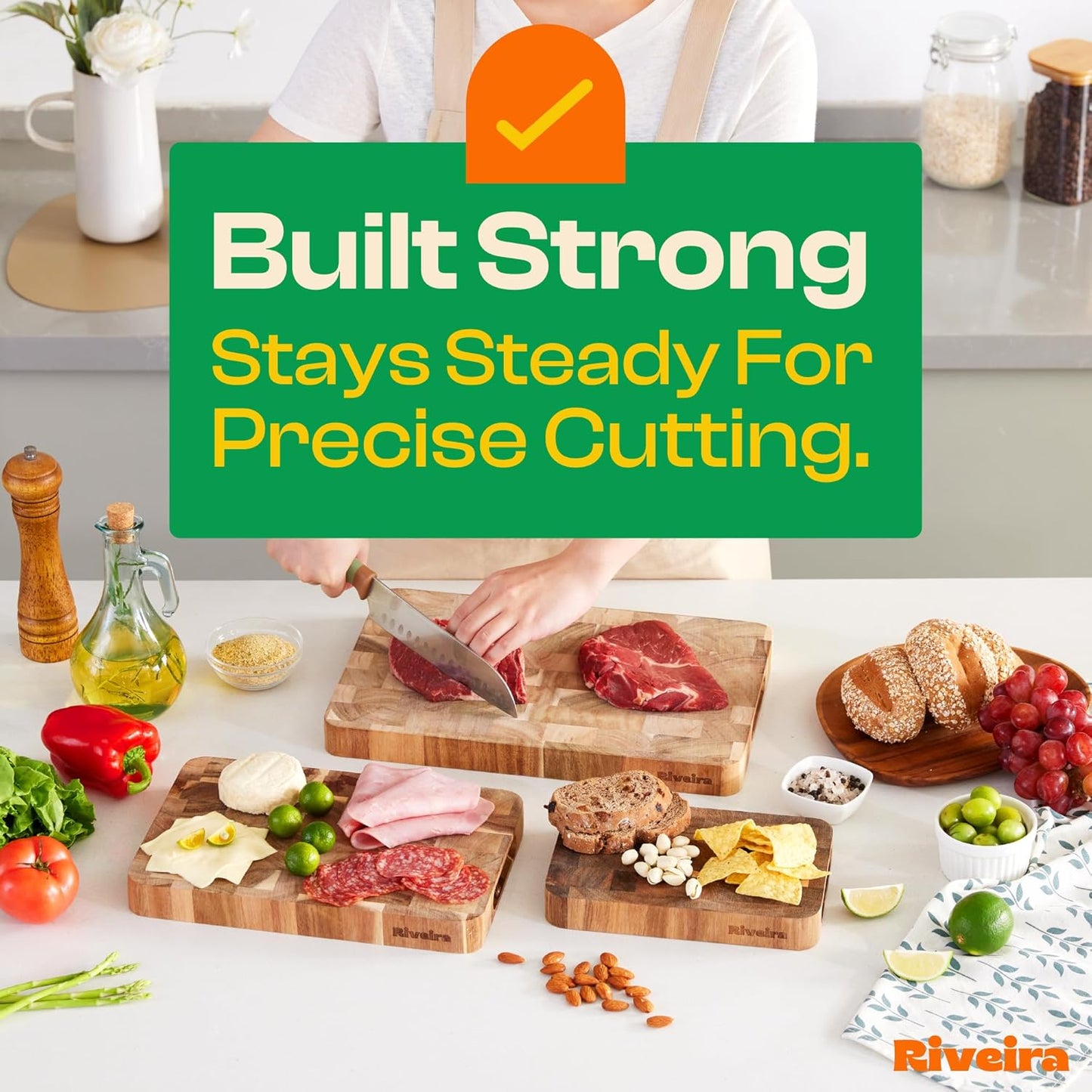 Riveira Acacia Wood Cutting Board – Gourmet Acacia Grandeur: 14 x 14 Wooden Cutting Board – Natural Wooden Cutting Boards For Kitchen Decorative – Innovative Juice Grooves Acacia Wooden Chopping Board